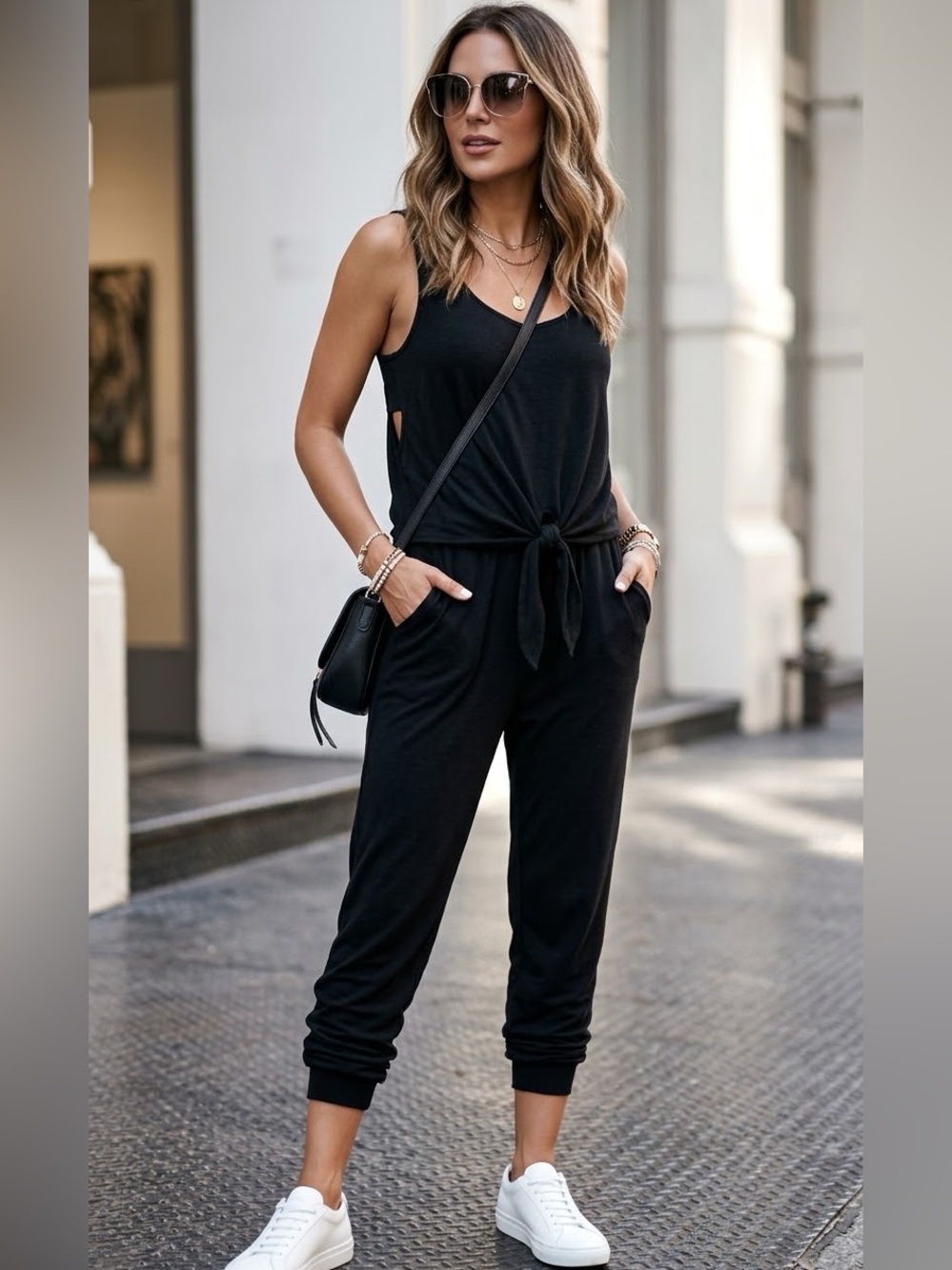Splendid Black Tie-Waist Sleeveless Jumpsuit